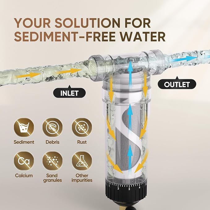 PUREPLUS 40 Micron Whole House Spin Down Sediment Water Filter With Scrapper, Reusable Flushable Pre-Filtration System for City/Tap water, 1" MNPT + 3/4" FNPT + 3/4"MNPT, Brass, BPA Free, USA Tech