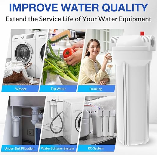 SimPure Whole House Water Filter Housing, Inline Water Filter for Home, Universal 10 inch Sediment Filter with 3/4 NPT Inlet and Outlet, Heavy Duty Steel Bracket, 4 Screws, Wrench (Pack of 2)