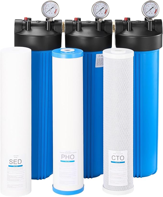 VEVOR Whole House Water Filter System, 3-Stage | Sediment, PHO, CTO | 4.5" x 20" Home Water Purifier Filter Reduce Chlorine, Bad Taste, Odor, Rust, Prevent Scale and Corrosion