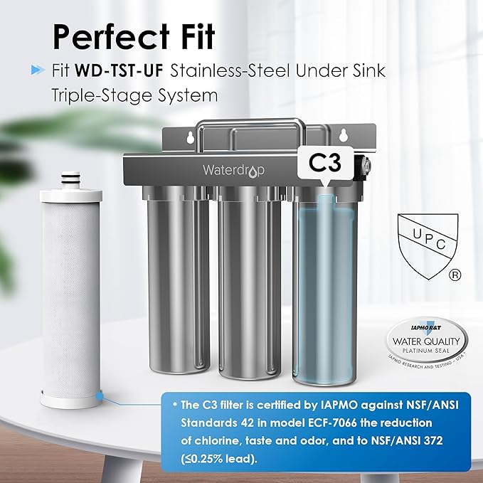 Waterdrop C3 Under Sink Carbon Water Filter, Replacement for TST-UF Ultra-Filtration Under Sink Water Filter System, 1 Pack