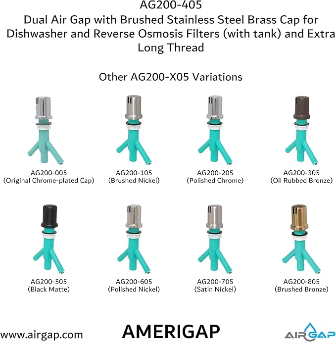 Dual Air Gap with Brushed Stainless Steel Brass Cap for Dishwasher and Reverse Osmosis Filters (with tank) and Extra Long Thread (AG200-405, AG200-X05, AMERIGAP)