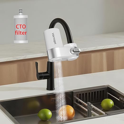 Vortopt Faucet Water Filter for Sink, Mechanical Switch Button - 350 Gallon Water Purifier for Sink, NSF Certified, Reduces Chlorine and Bad Taste with One Replacement, T5 (White)