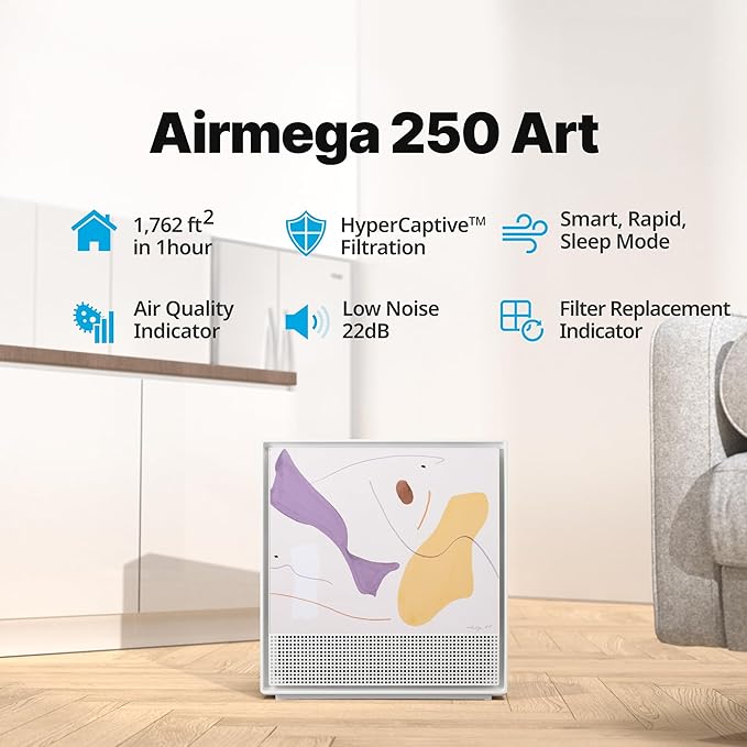 COWAY Air Purifiers for Home Large Room Up to 1,762 ft², Washable Pre-Filter and HEPA Filter for Smoke, Allergies, Pet Dander, Odor, AQI, Smart & Rapid Mode, Timer, 3yr Warranty, 250ART(VS)