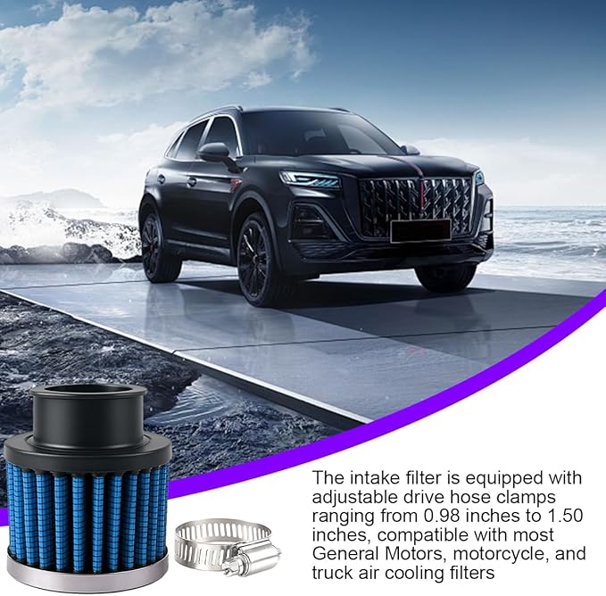 Car Air Intake Filter, 1" 25mm Inlet Valve Cold Air Intake Filter Cleaner with Adjustable Clamp, Hight Flow Performance Auto Crankcase Breather Filter Replacement, Universal Fit (Blue)