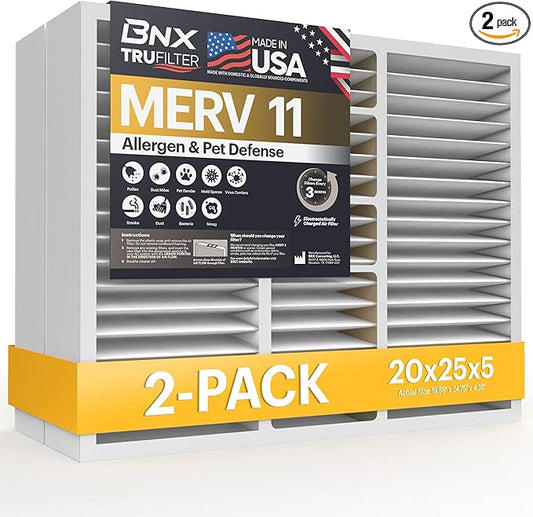 BNX TruFilter 20x25x5 (19.88’’ x 24.75’’ x 4.38‘ Honeywell Compatible 4”) MERV 11 Air Filter (2-Pack) - MADE IN USA - HVAC AC Furnace Filters for Allergies, Dust, Pet, Smoke, Allergy MPR 1200 FPR 7