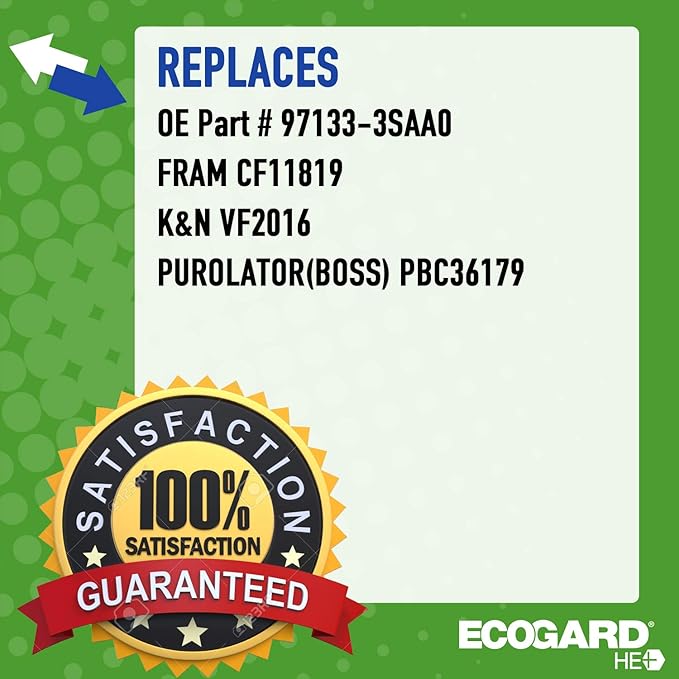ECOGARD XC36179H High Efficiency Premium Cabin Air Filter + Baking Soda Fits 2011-2015 Hyundai Sonata, 2011-2015 Kia Optima, 2013-2018 Hyundai Santa Fe Sport, 2015-2021 Kia Sedona
