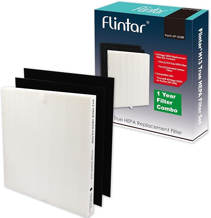 Flintar Replacement Air Filter, Compatible with Coway Air Purifier AP-1512HH and Airmega 200M, H13 Grade Main Filter and (2) Activated Carbon Filters, 1-Year Filter Pack