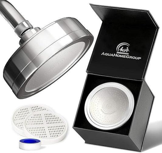 AquaHomeGroup Luxury Filtered Shower Head (Metal) 2 Cartridges Vitamin C+E+A + 5 Shower Caps - Reduces Chlorine & Sediments - Consistent Water Pressure - Massage and SPA Effect