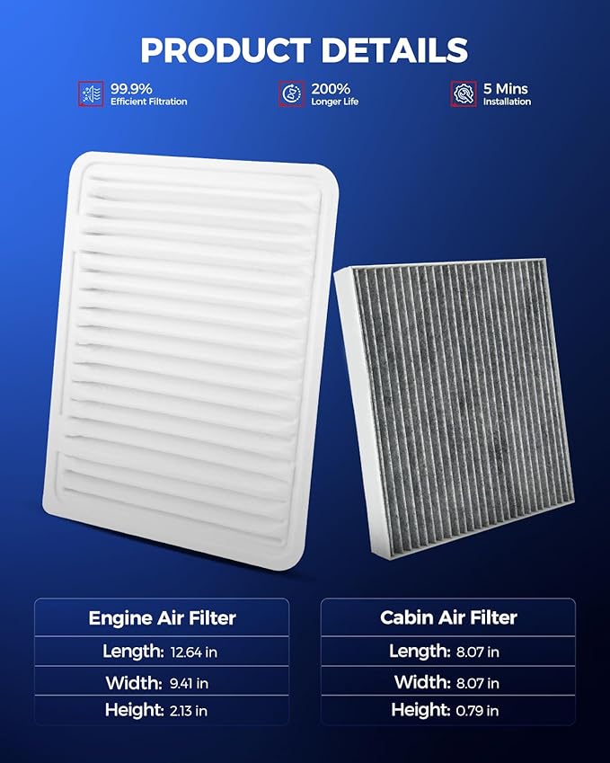 KAX Engine & Cabin Air Filter Kit, Replacement for Toyota Tacoma 2005-2023 2.7L, Replace# CA10163 CF10374