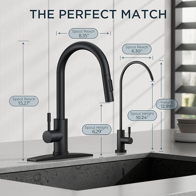 FORIOUS Kitchen Faucet and Water Filter Faucet Combo, Stainless Steel Traditional Sink Faucet with Drinking Water Faucet Fits Reverse Osmosis, Water Filtration System and Pot Filler, Matte Black