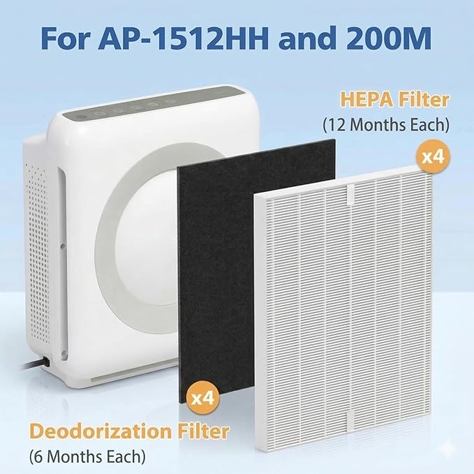 AP-1512HH Replacement Filter Compatible with Coway Airmega Filter Replacement AP-1512HH and 200M, AP-1512HH-FP, AP-1518R, AP-1519P, 4 High Efficiency Filter and 4 Carbon Pre-Filters