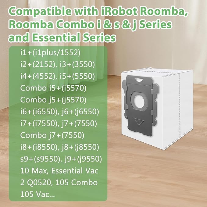 12 Pack Vacuum Bags Replacement for iRobot Roomba i7+, i8+, i3+, i4+, i5+, i6+, i1+, s9+, s9 Plus, Combo j8+, j9+,10 Max, 105, 705, i, s, j, Essential Series Clean Base Automatic Dirt Disposal Bags