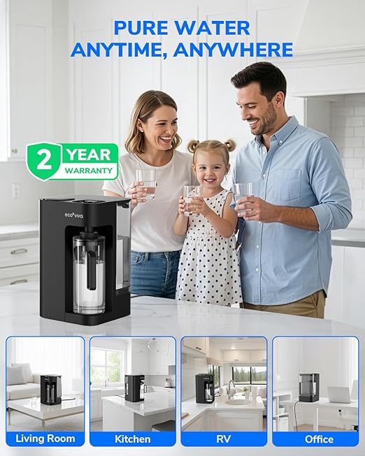 Ecoviva Mate 3 Countertop Reverse Osmosis Water Filter with 2 Auto-Fill Pitchers, 8-Stage RO Filtration System, Installation-Free, Reduces TDS, 3:1 Pure-to-Drain Ratio, Home & Kitchen, Black