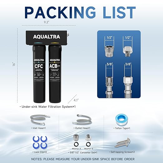 AQUALTRA USF-2B-15 Slightly Alkaline Under Sink Water Filtration System, 28000 Gallons Under-Sink Water Filter, 0.5 μm Carbon Fiber Filter Reduces Chlorine, Chloramine, Fluoride, Bad Taste & Odor