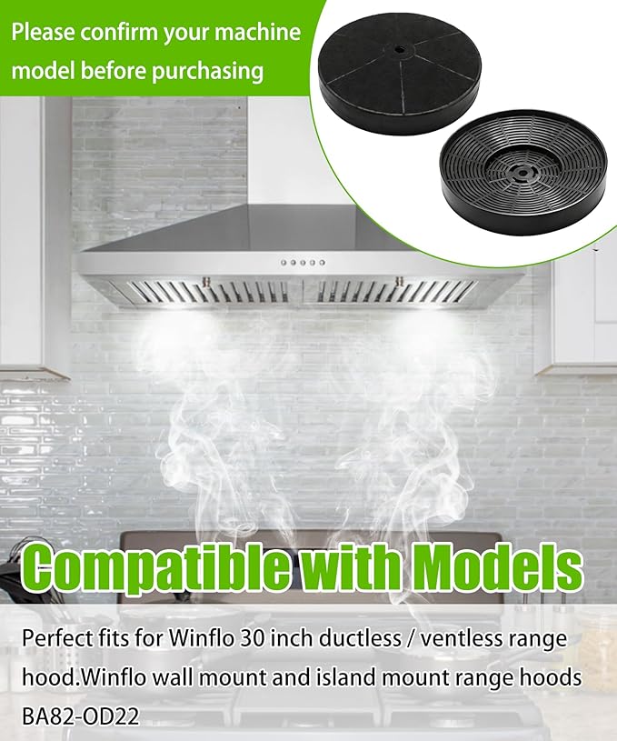 2Pcs WRHF003S2 Range Hood Carbon Filter Fits For Winflo 30 Inch Convertible Stainless Steel Tempered Glass Wall Mount Range Hood BA82-OD22