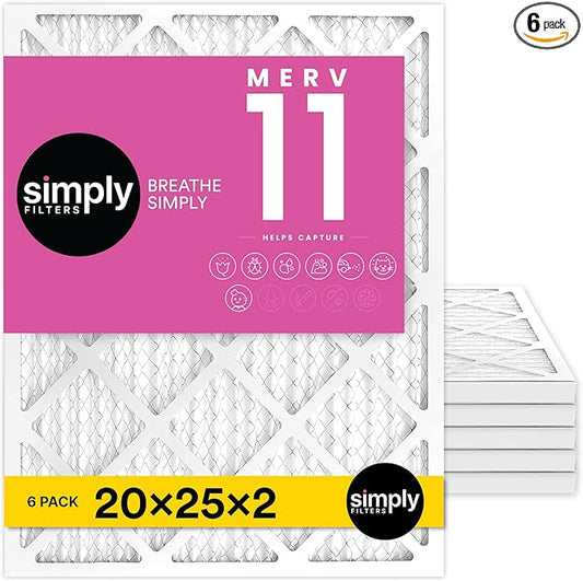 Simply 20x25x2 Air Filter, MERV 11, 6 Pack, Furnace Air Filter for HVAC (Actual Size: 19.5"x24.5"x1.75") DUST, Pet & Allergy Control
