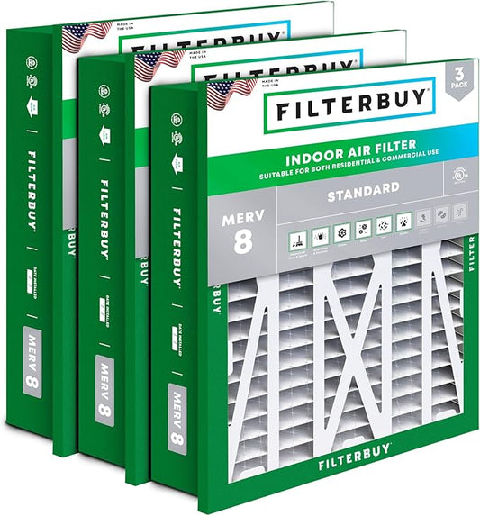 Filterbuy 20x25x5 Air Filter MERV 8 Essential Dust & Allergy Defense (3-Pack), Electrostatic Pleated HVAC AC Furnace Filters Replacement for Honeywell Return Grille (Actual Size: 18.38 x 23.38 x 3.69)