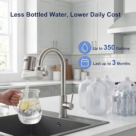 ANGEL CF30 Water Filter for Sink Faucet, Faucet Mount Water Filtration System, Reduces 98% Chlorine, Lead & Rust, SGS Tested, Easy Install, 350 Gallons Long-Lasting for Kitchen & Bathroom (Rose Gold)