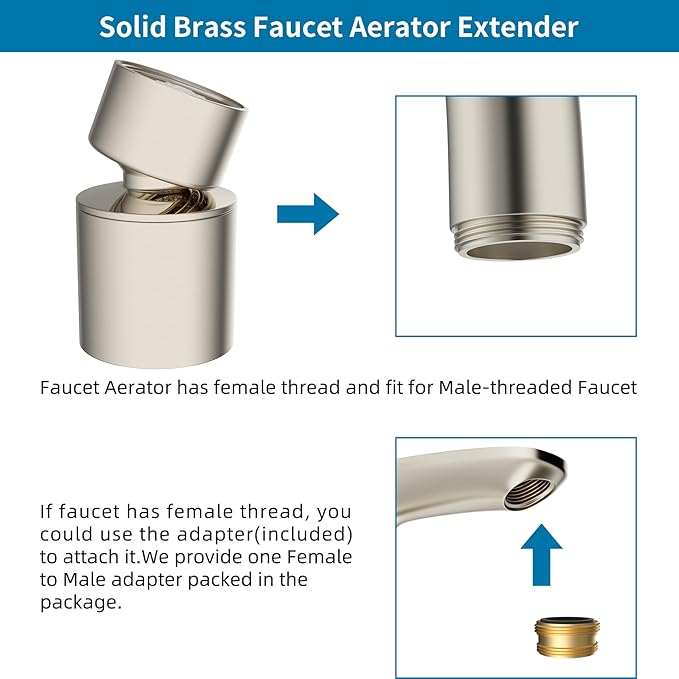 Hibbent NSF/ANSI/CAN 61 Certified Faucet Aerator, 360° Swivel Kitchen Sink Aerator, CUPC Certification 2-Flow Sink Sprayer Attachement, Faucet Replacement Part 55/64 Inch Female Thread, Brushed Nickel