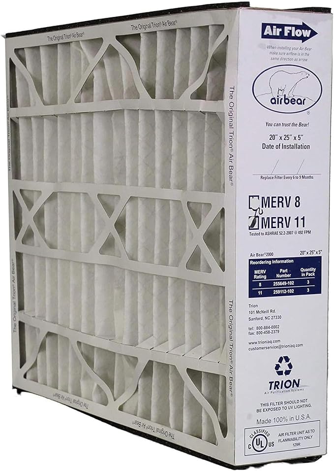 Trion Air Bear 20 x 25 x 5 Inch MERV 11 High Performance Air Purifier Filter Replacement for Air Cleaner Purification Systems, White (6 Pack)