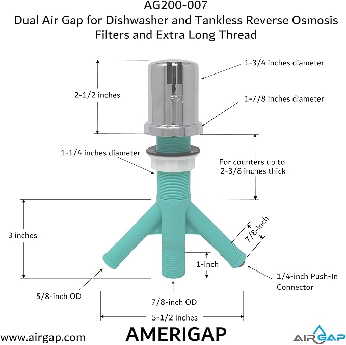 Dual Air Gap for Dishwasher and Tankless Reverse Osmosis Filter with Extra Long Thread (AG200-007 AMERIGAP)