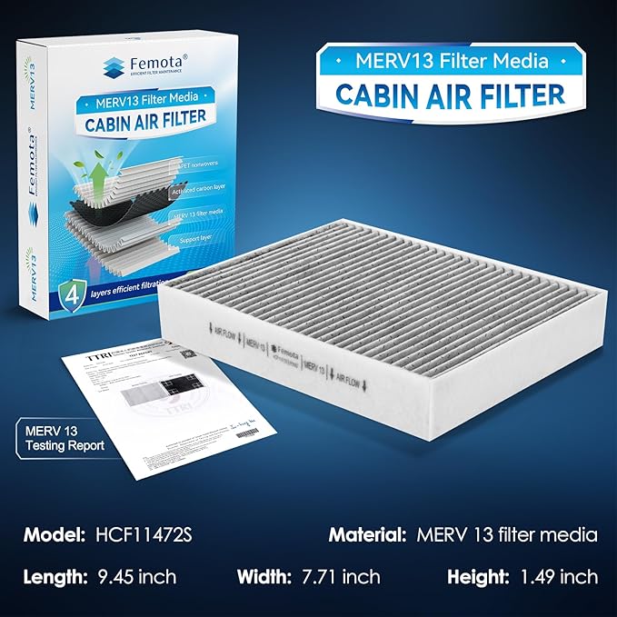 Certified MERV 13 Cabin Air Filter with Activated Carbon, CF11472 for BMW 228i, 230i, 320i, 328d, 328i, 330i, 330e, 335i, 340i, 428i, 430i, 435i, 440i, M2, M235i, M240i, M3, M4.