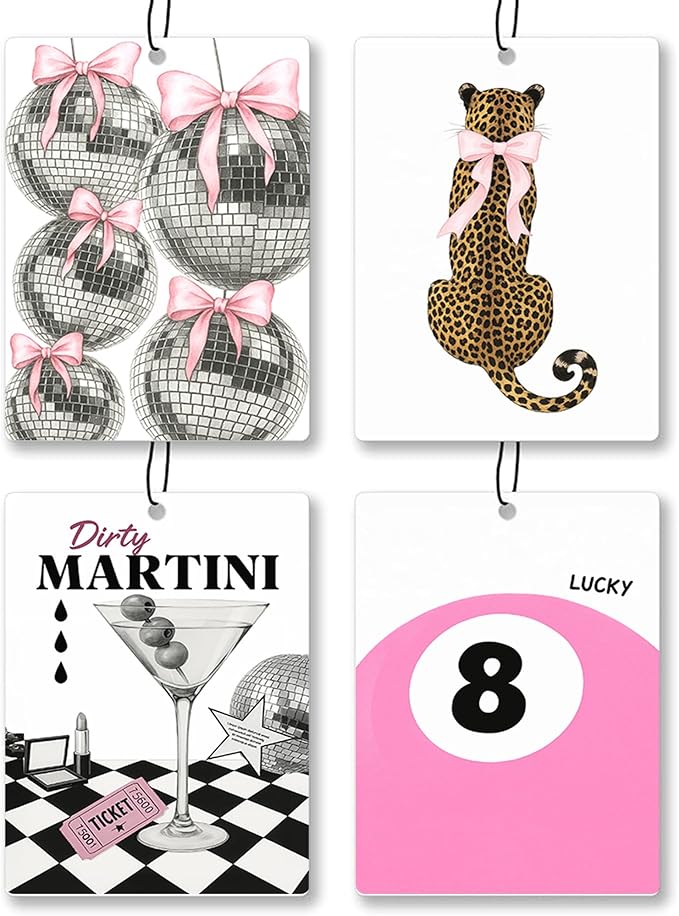 Trendy Coquette Leopard Print Car Air Freshener 4 Pcs - Preppy Pink Bow Cheetah Print Lucky 8 Disco Ball Martini Hanging Decor for Drawer Closet Cars Books, Car Accessories Mirror Decor for Women Girl