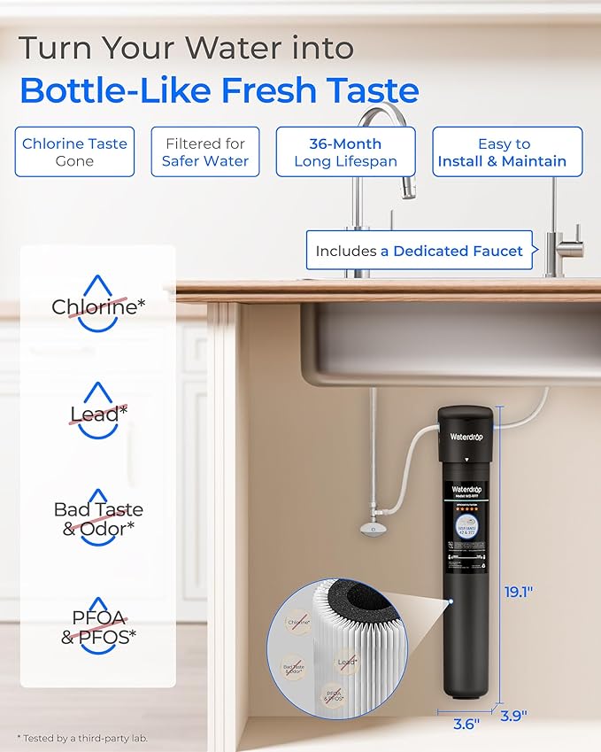 Waterdrop 17UB 3 Years Under Sink Water Filter, Under Sink Water Filtration System, NSF/ANSI 42 Certified, Reduces PFAS, PFOA/PFOS, Lead, Under Sink Water Filter with Faucet, 24K Gallons