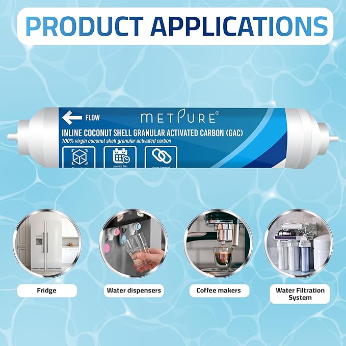 Metpure In line Water Filter 2" x 10" Coconut Shell Post Activated Carbon Water Filter Replacement with 1/4" OD Quick Connects for Inline Reverse Osmosis RO Water Filtration, Refrigerator, Ice Maker
