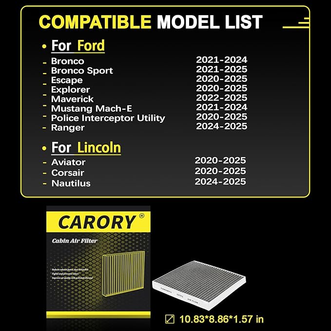Cabin Air Filter w/Activated Carbon for Ford Bronco Sport 2021–2024, Escape 2020–2025, Explorer 2020–2025, Mustang Mach-E 2021–2024, Lincoln Aviator 2020–2024, Corsair 2020–2025, and More
