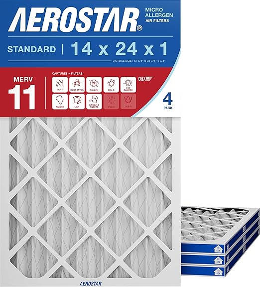 Aerostar 14x24x1 MERV 11 Air Filter, 4 Pack Set of HVAC Furnace Filters, Electrostatic MPR 1000-1200 & FPR 7 (Actual Size: 13 3/4 x 23 3/4 x 3/4 inches)