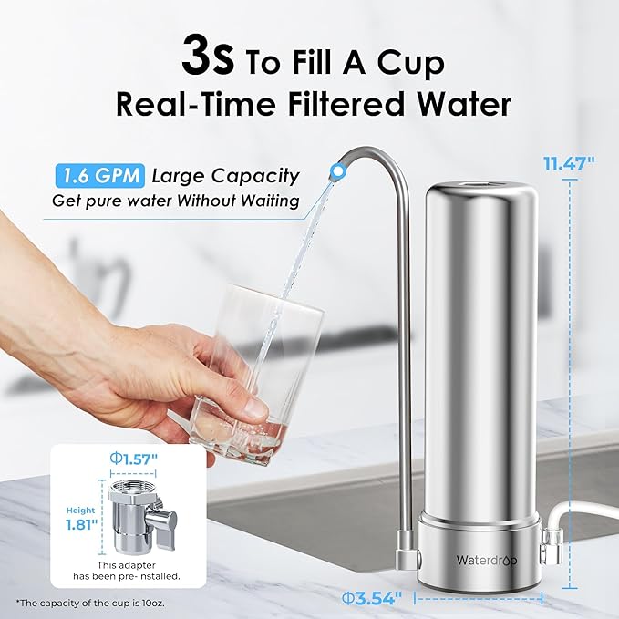 Waterdrop Water Filter for Sink Faucet, NSF/ANSI 42 Certified Countertop Water Filter System, 5-Stage Stainless Steel Faucet, 16000 Gallons, Reduces Heavy Metals and 99% Chlorine, WD-CTF-01(2 Filters)