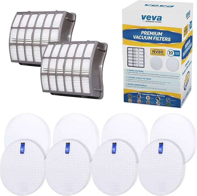 VEVA Complete Premium Vacuum Filter Set Including 2 HEPA, 4 Foam, 4 Felt Filters 10 Pieces Total for Shark Navigator Rotator Professional Upright Model NV70, NV71, NV80, NVC80C, NV90, NV95 & UV420