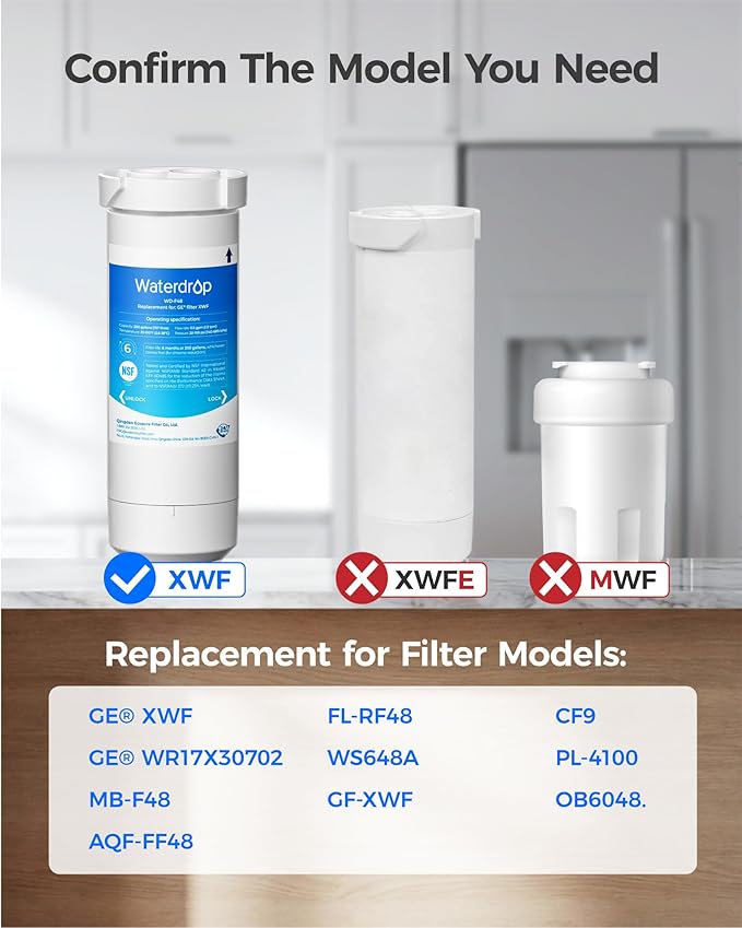 Waterdrop XWF Refrigerator Water Filter, Replacement for GE® XWF, WR17X30702, NSF 42/372 Certified, Compatible with GE® GNE27, GFE26, GDE25, GSS25, PSE25 Series Refrigerators, 1-Pack (Not XWFE)