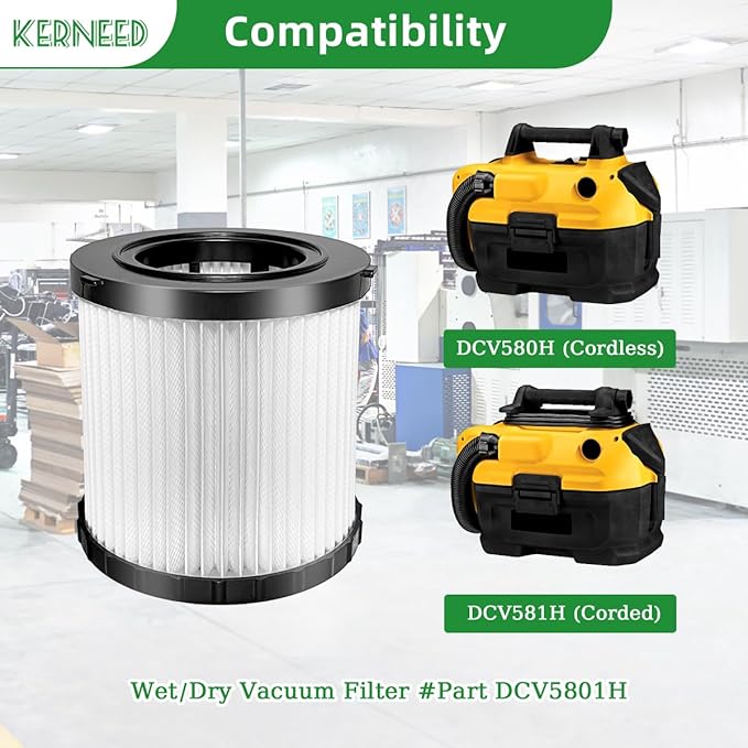 DCV5801H HEPA Filter Compatible with DEWALT DCV580H, DCV581H 20V MAX Wet/Dry Vacuum, with 2 Foam Sleeve Filters & 1 Brush