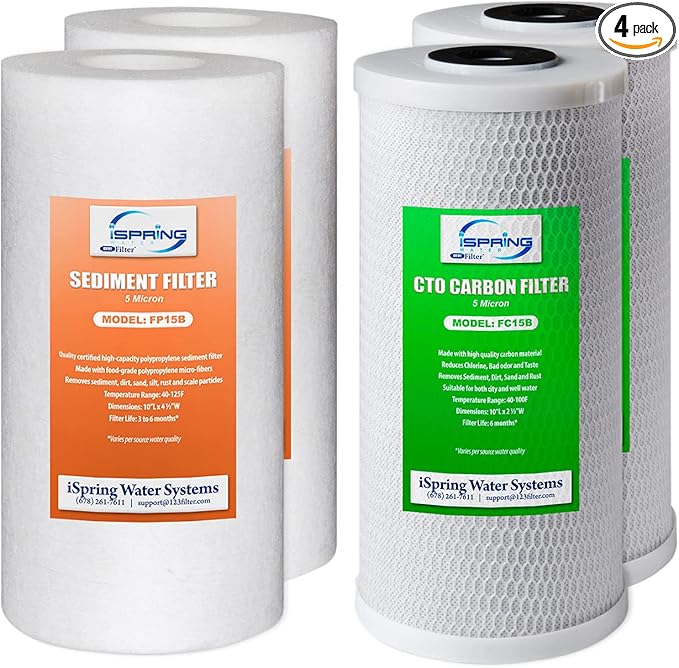 iSpring F4WGB21B Whole House Water Filtration High Capacity Sediment and CTO Carbon Block Water Filter Replacement Cartridge Pack Set for WGB21B, 4.5"x10"