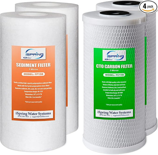 iSpring F4WGB21B Whole House Water Filtration High Capacity Sediment and CTO Carbon Block Water Filter Replacement Cartridge Pack Set for WGB21B, 4.5"x10"