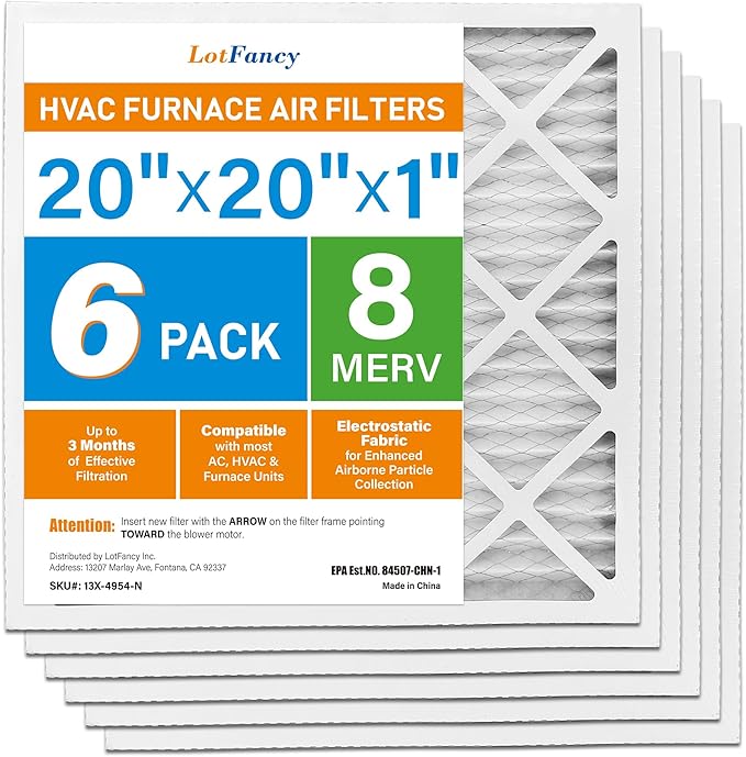 LotFancy 20x20x1 Air Filter MERV 8 6-Pack, Electrostatic Pleated Furnace & AC Filter, Captures Dust, Pet Hair, Pollen, Actual Size: 19.75"x19.75"x0.75"