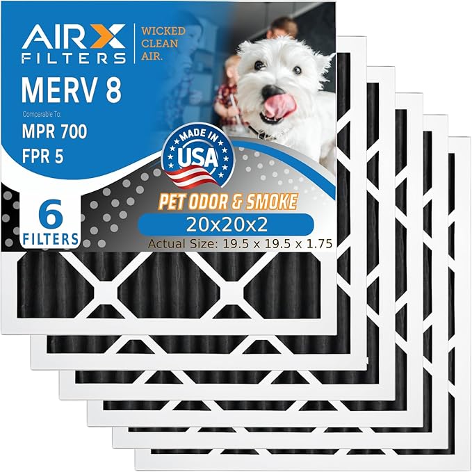 AIRx Filters Odor 20x20x2 Furnace Filter MERV 8 Carbon Filter Replacement AC HVAC Air Filter For Dust, Pollen, Lint & Dander Control, 6-Pack