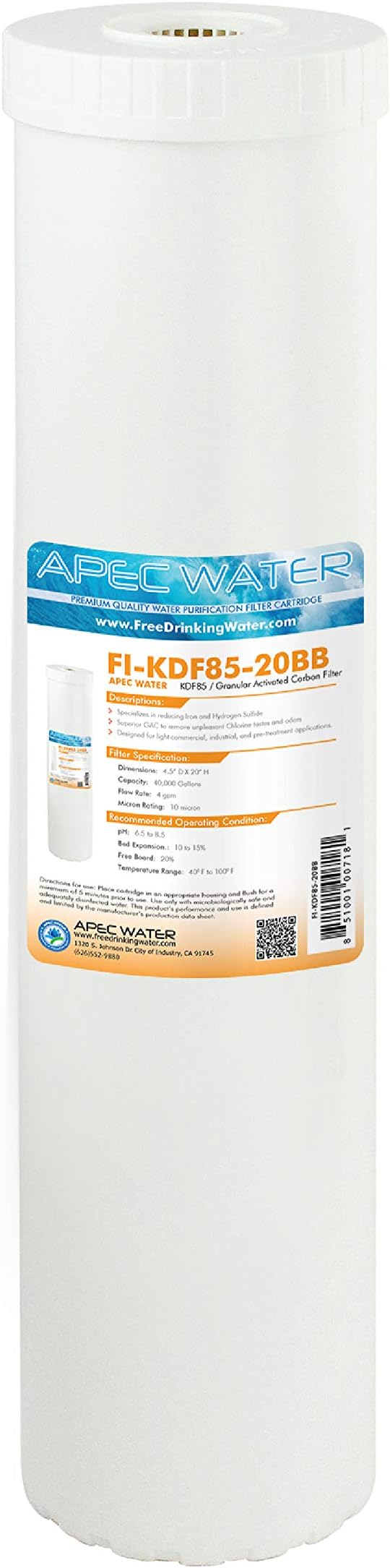 APEC Water Systems FI-KDF85-20BB US Made Iron and Hydrogen Sulfide Reduction Replacement Water Filter, 4.5"x20"