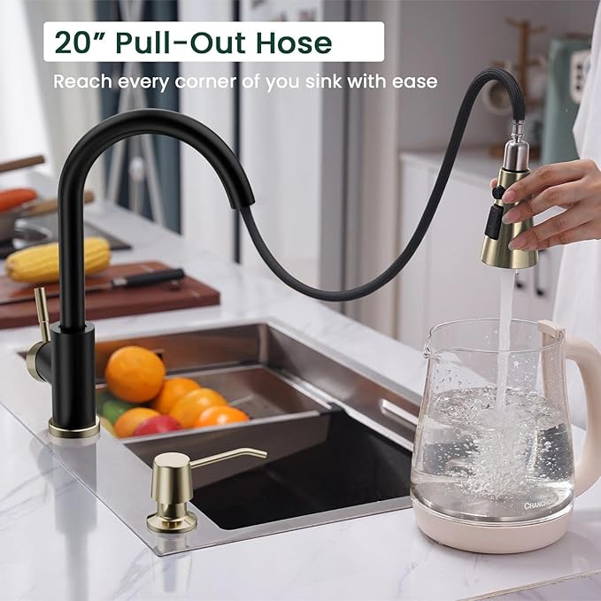 APPASO Black and Gold Kitchen Faucet, CUPC Certified Touchless Sink Faucet with Soap Dispenser and Pull Down Sprayer 3 Modes, High Arch Single Handle Hands Free Motion Sensor Kitchen Faucets