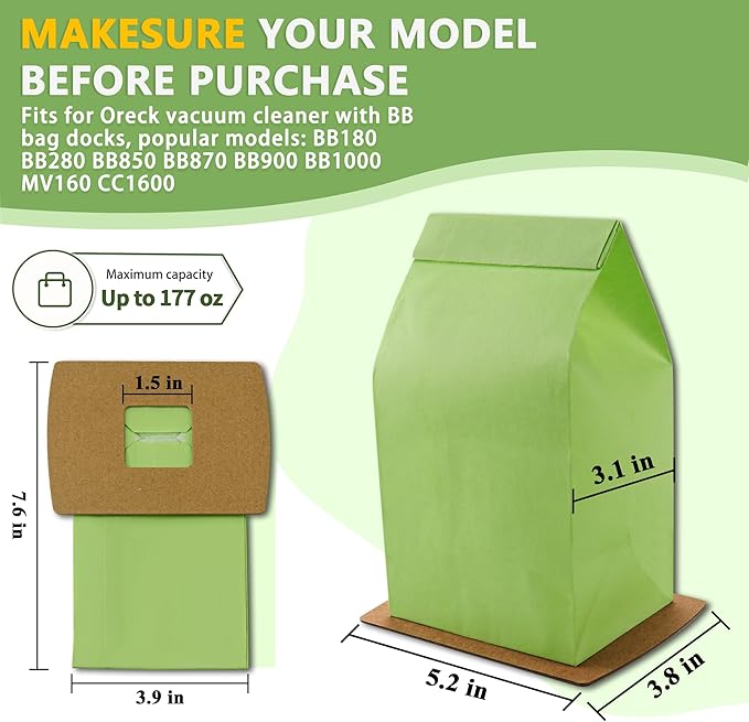 PKBB12DW Type BB Compact Canister Vacuum Bags Replacement for Oreck XL Buster B Canister Handheld Vacuum Cleaner BB180 BB280 BB850 BB870 BB900 BB1000 MV160 CC1600, 20 Pack
