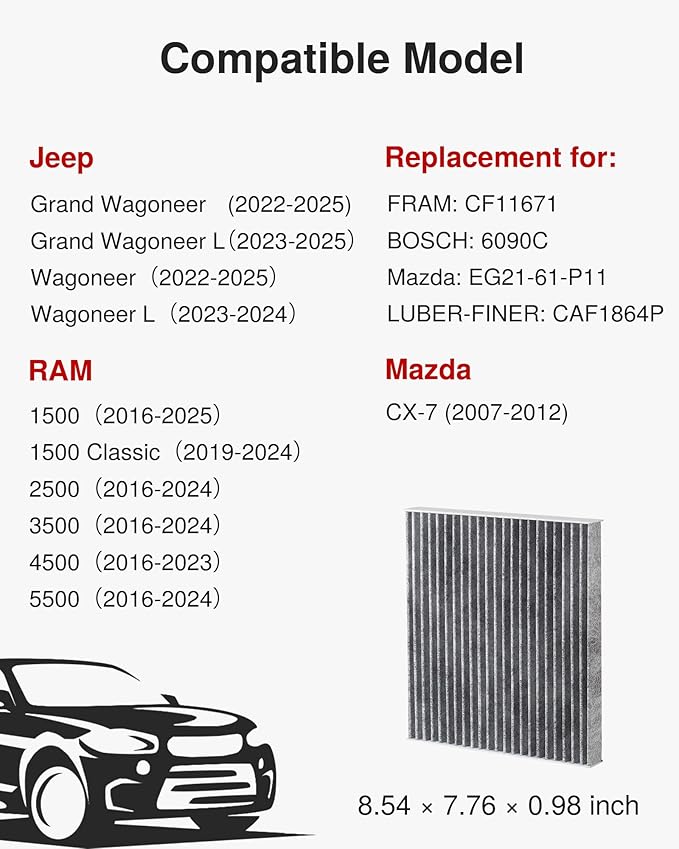 Puroma Cabin Air Filter with Activated Carbon, Replacement for CF11671, 6090C, CAF1864P, Mazda: EG21-61-P11, Jeep Grand Wagoneer, Wagoneer, Mazda CX-7, RAM 1500, 1500 Classic, 2500, 3500, 4500, 5500