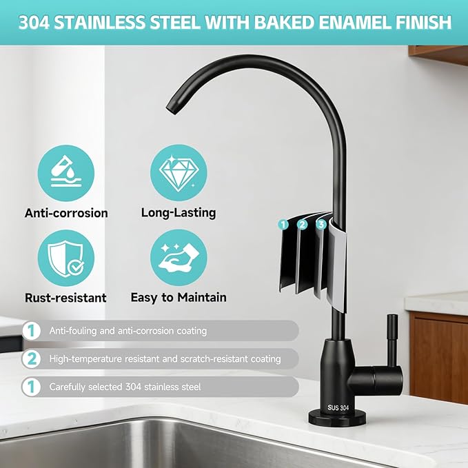 Drinking Water Faucet, Lead-Free Kitchen Water Filter Faucet for Reverse Osmosis or Water Filtration System, RO Faucet, Brushed Nickel (Black Lacquer Finish)
