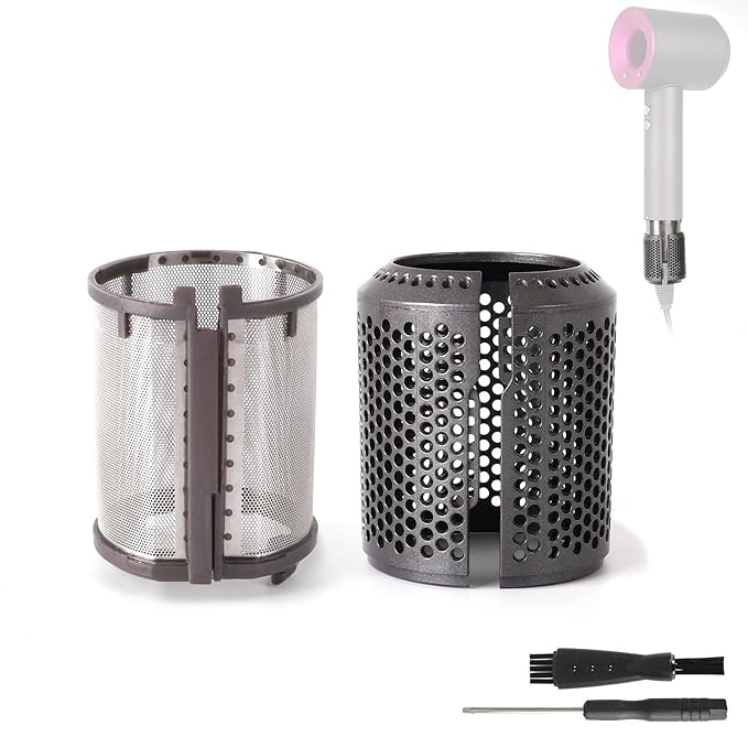 Hair Dryer Inner Filter + Outer Filter Cage Replacement for Dyson Hair Dryer HD01 HD03 HD08 Models, Hair Dryer Filter Mesh Filter Cover Cap Replacement Parts (Metallic Grey)