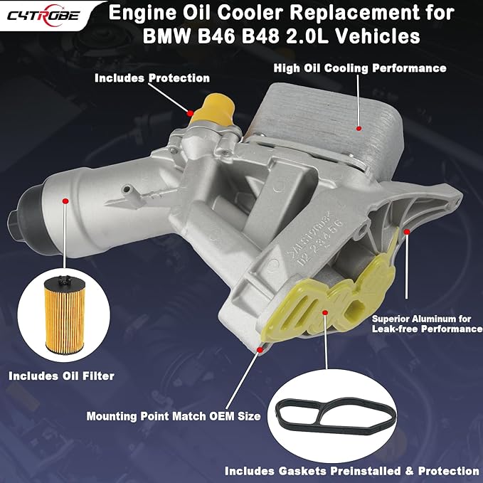 Upgrade Aluminum Engine Oil Cooler Filter Housing with Gasket, Bolts Compatible with 2016-2022 BMW F30 230i 330e 330i GT 430i 530i 530e 740e xDrive X3 X4 B46 B48 L4 2.0L Turbo Replace 11428596283