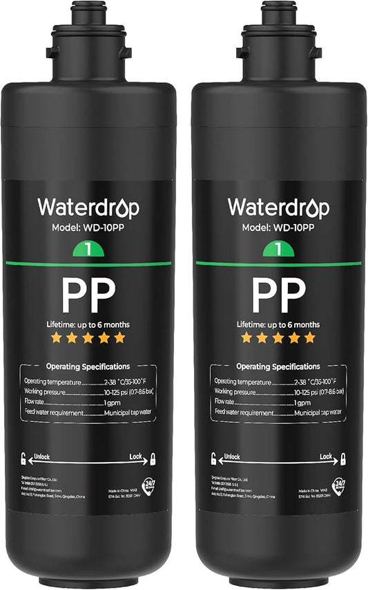 Waterdrop WD-10PP Under Sink Water Filter, Replacement for Waterdrop TSA & TSB &TSB-CM 3-stage Under Sink Water Filter System, Pack of 2