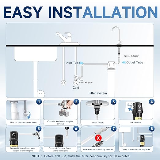 AQUALTRA USF01-BKF Under Sink Water Filter System, 12K Gallons with Faucet, NSF/ANSI 372 Certified, 0.5 μm Carbon Fiber Filter Reduces PFAS, Chlorine, Lead, Chloramine, Fluoride, Bad Taste & Odor