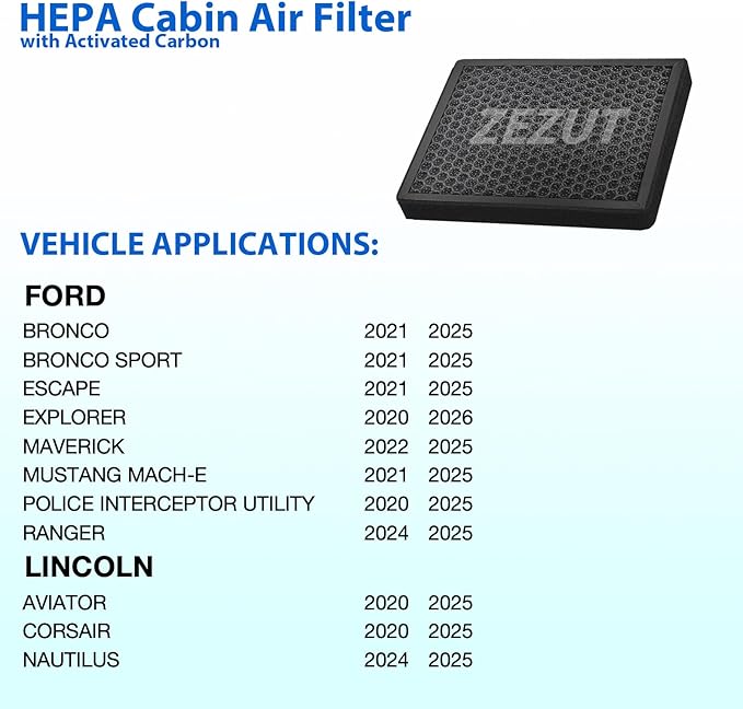 Cabin Air Filter, for Ford Bronco Sport (21-25), Escape (20-25), Explorer (20-26), Maverick & Lincoln Aviator (20-25), Corsair (CF12772)