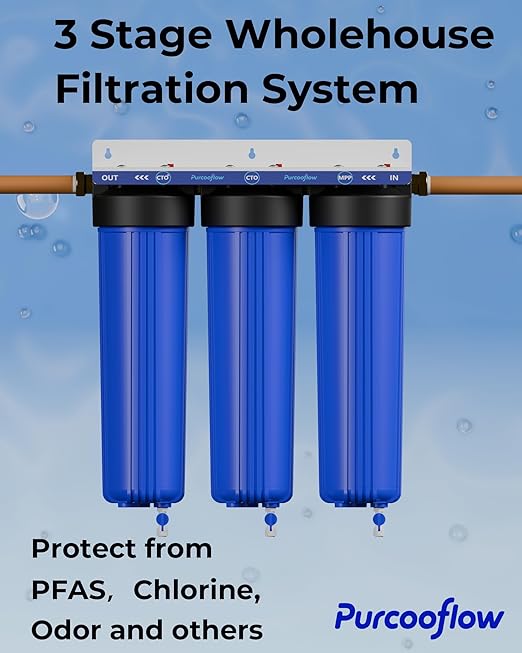 3-Stage Whole House Water Filter System, PFAS Reduction, 20x4.5 Inch, Includes PP, CTO & PFAS Carbon Block, 1" NPT Brass Ports, Drain Valves, Wrench & Install Kit